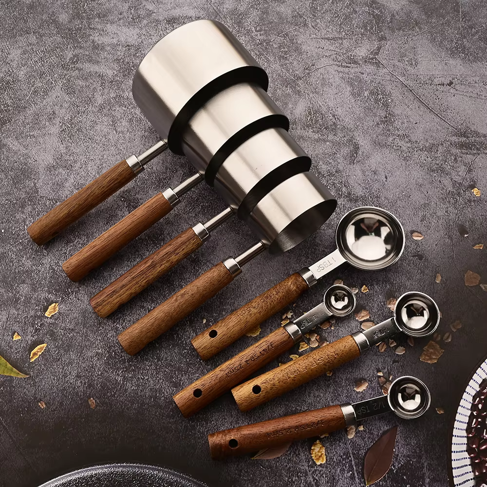 Stainless Steel Measuring Cups and Spoons Set – 8-Piece Kitchen Tools with Solid Oak Handles for Precision Measurements-1