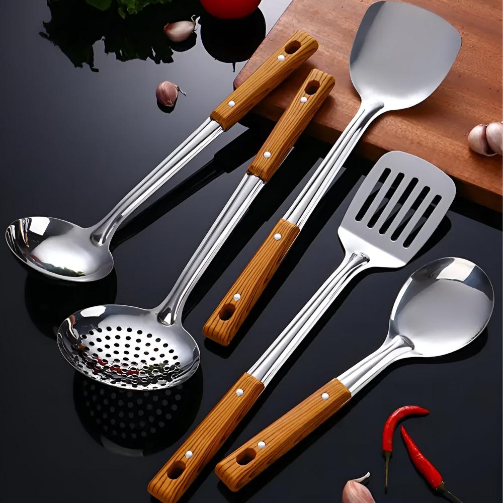 Luxury 5-Piece Stainless Steel Kitchen Utensil Set with Wooden Grip – Ergonomic Cooking Utensils for Stylish Kitchenware-1