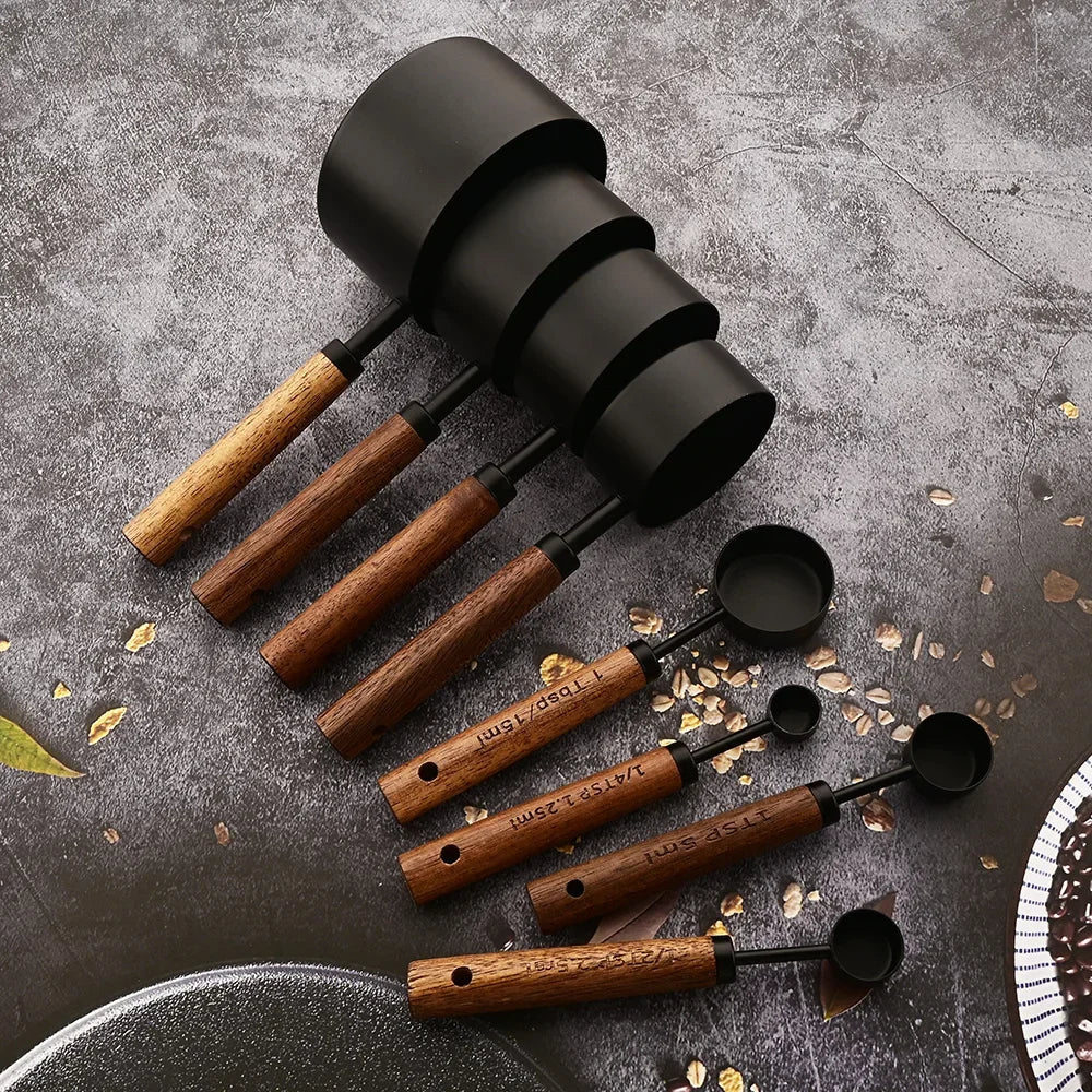 Stainless Steel Measuring Cups and Spoons Set – 8-Piece Kitchen Tools with Solid Oak Handles for Precision Measurements-1