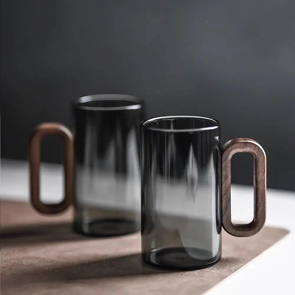 Rustic Glass Coffee Mug with Wooden Handle – 350ml Heat-Resistant Drinkware for Stylish Coffee and Tea-1